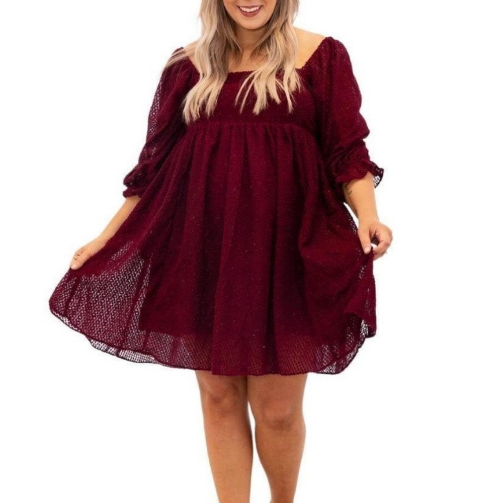 Nwt Sweet Lemon Textured Burgundy Metallic Threads Baby Doll Dress 2X